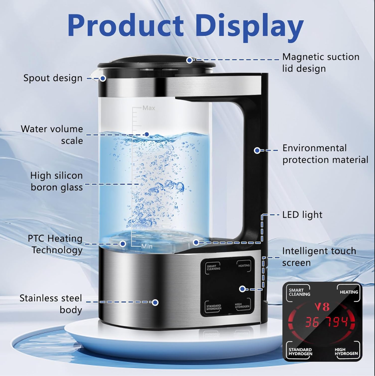 Smart 2L Hydrogen Water Electric Pitcher – Touchscreen Self-Electrolysis Kettle